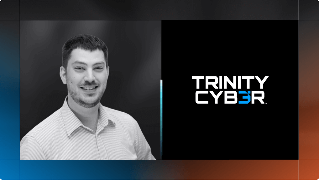 Stefan Baranoff headshot and trinity cyber logo
